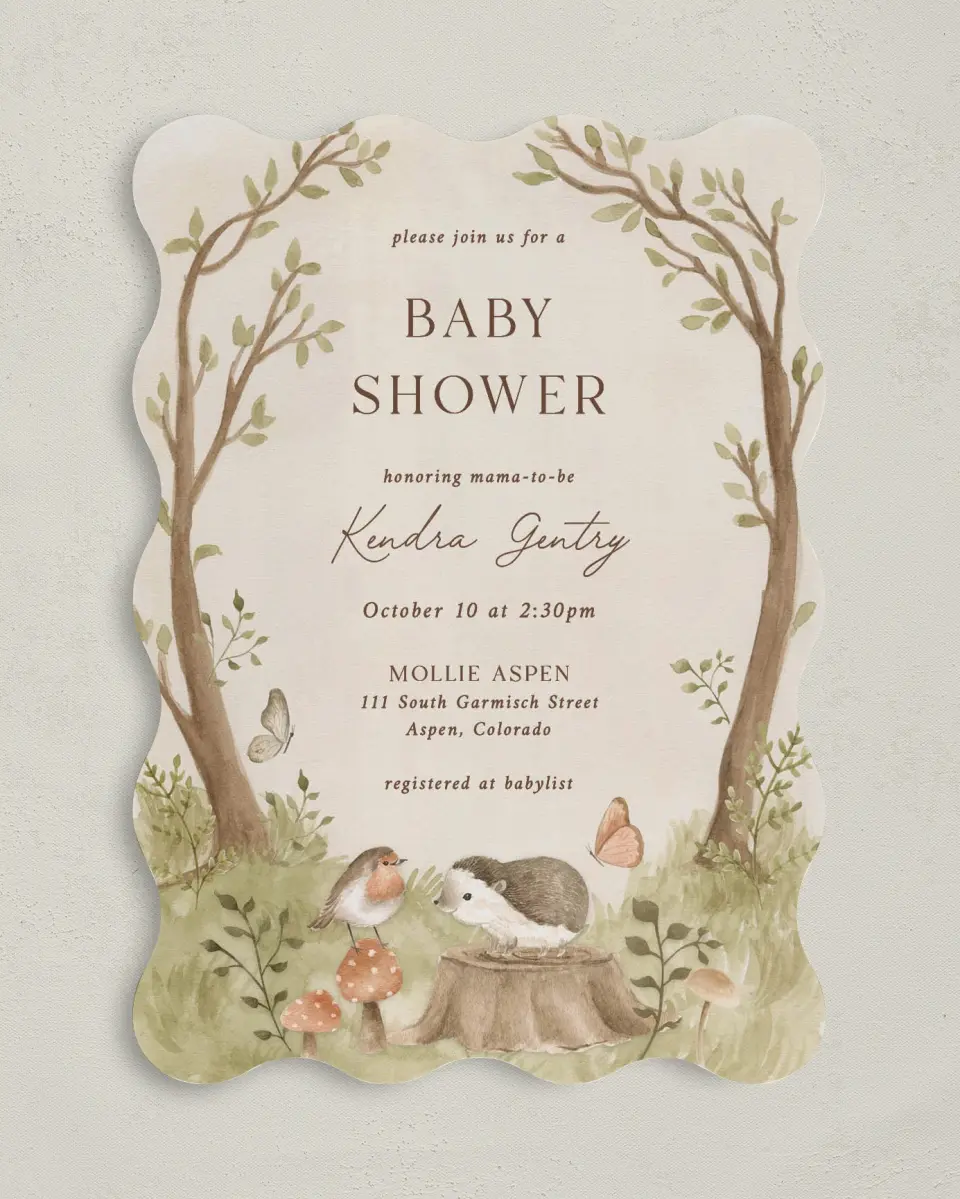 This is a 5" x 7" Baby Shower Invitation called Enchanting Forest printed in full color on Premium Smooth paper