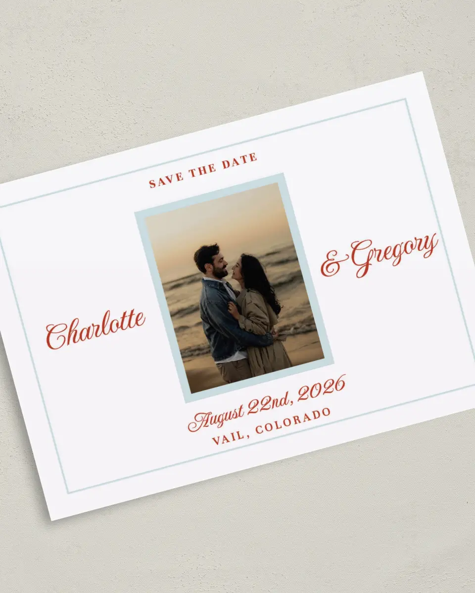 This is a 5" x 7" Save the Date Card called Mod Elegance printed in full color with Gold foil on Luxe Satin (coated) paper