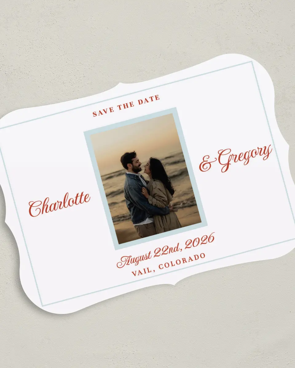 This is a 5" x 7" Save the Date Card called Mod Elegance printed in full color on Premium Smooth paper
