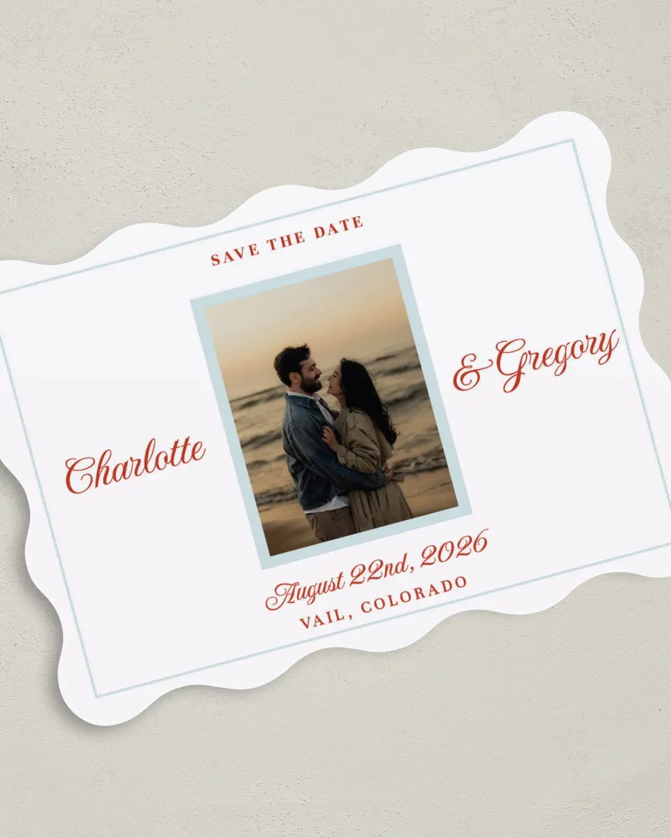 This is a 5" x 7" Save the Date Card called Mod Elegance printed in full color on Premium Smooth paper