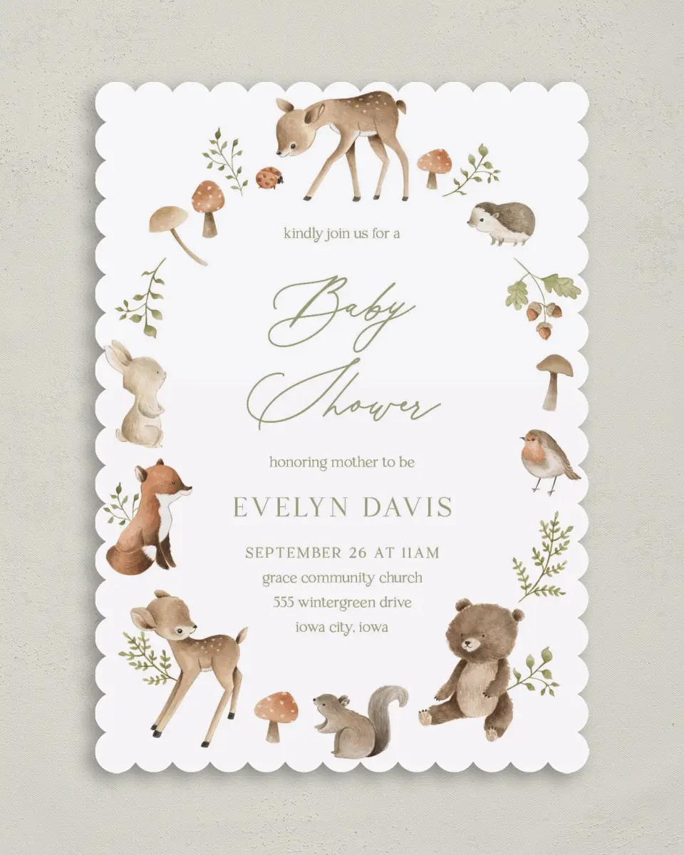This is a 5" x 7" Baby Shower Invitation called Woodland Wonder printed in full color on Premium Smooth paper