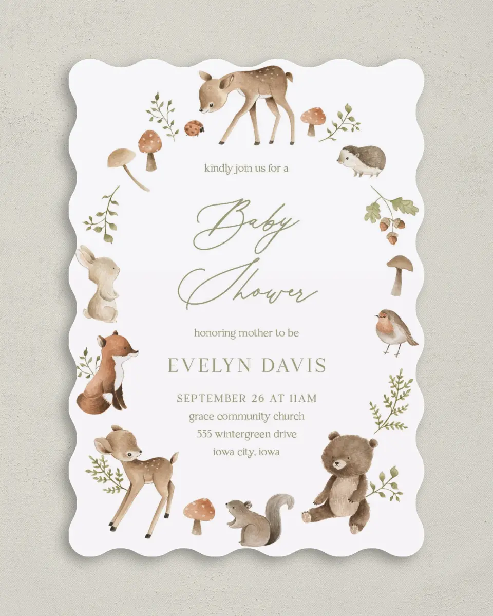 This is a 5" x 7" Baby Shower Invitation called Woodland Wonder printed in full color on Premium Smooth paper