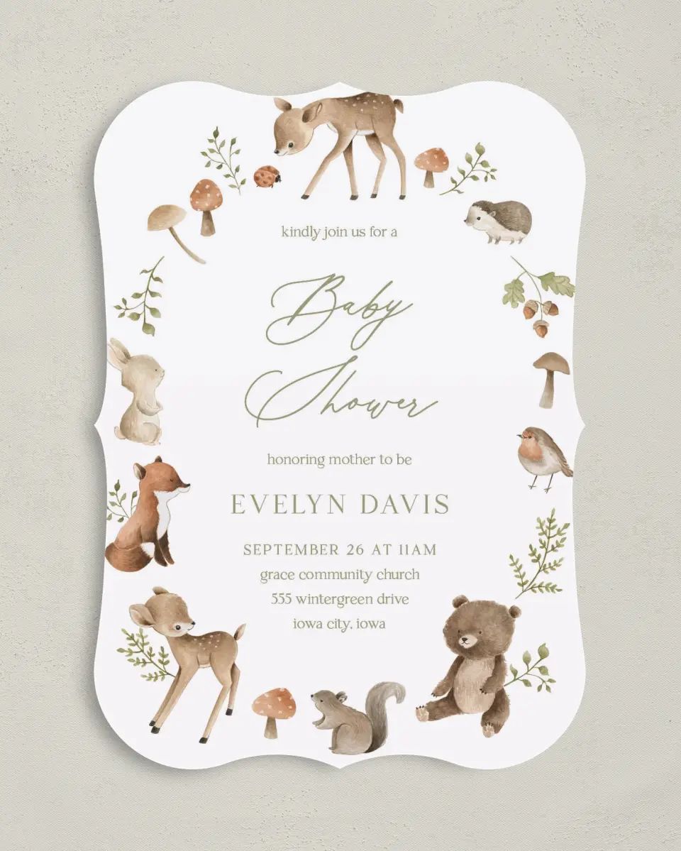 This is a 5" x 7" Baby Shower Invitation called Woodland Wonder printed in full color on Premium Smooth paper