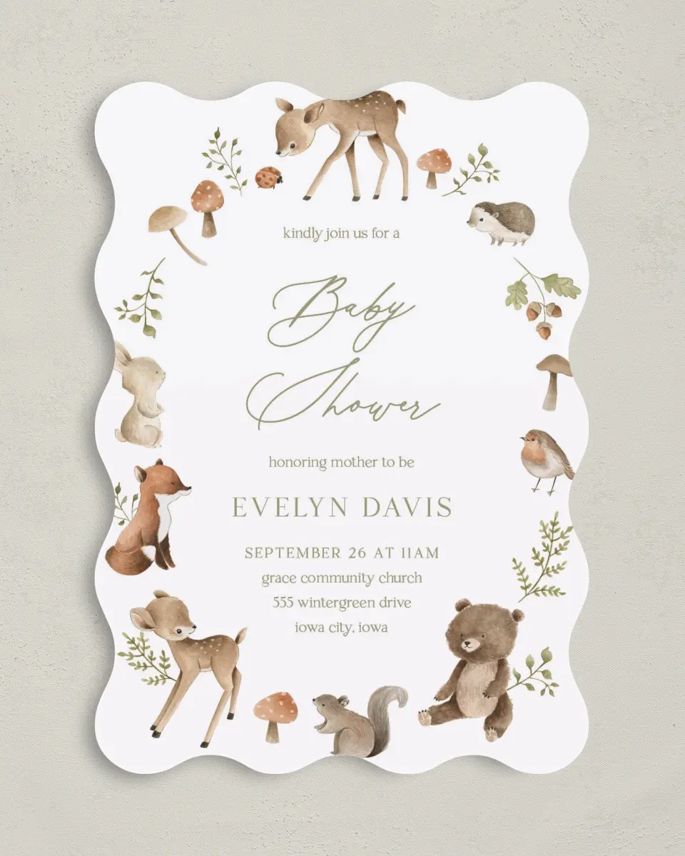 This is a 5" x 7" Baby Shower Invitation called Woodland Wonder printed in full color on Premium Smooth paper