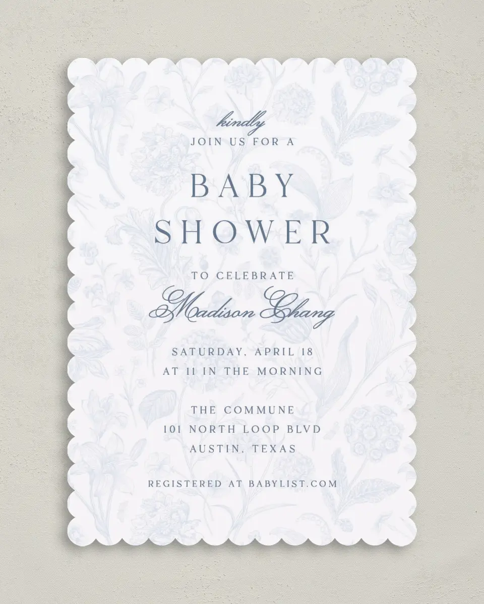 This is a 5" x 7" Baby Shower Invitation called Blissful Blooms printed in full color on Premium Smooth paper
