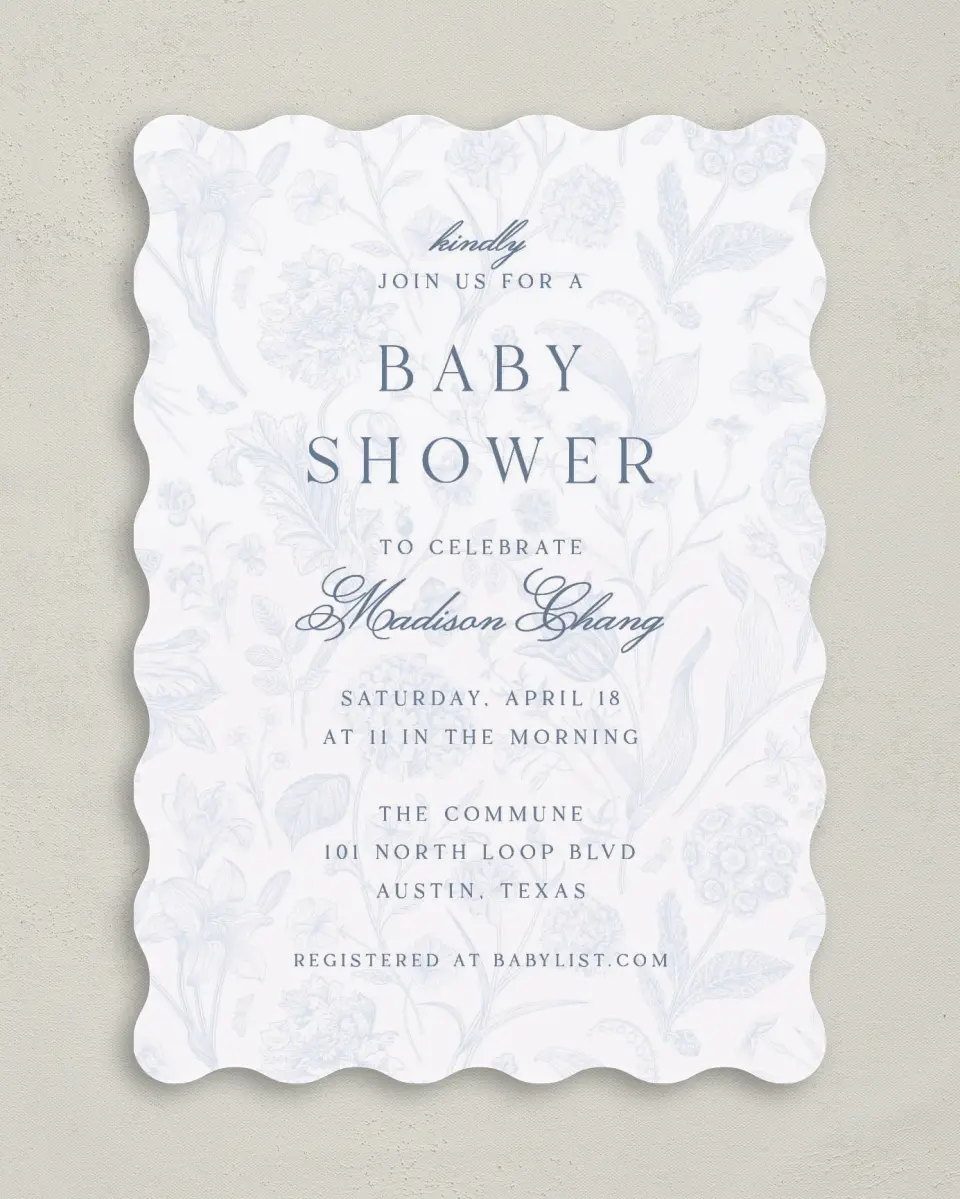 This is a 5" x 7" Baby Shower Invitation called Blissful Blooms printed in full color on Premium Smooth paper