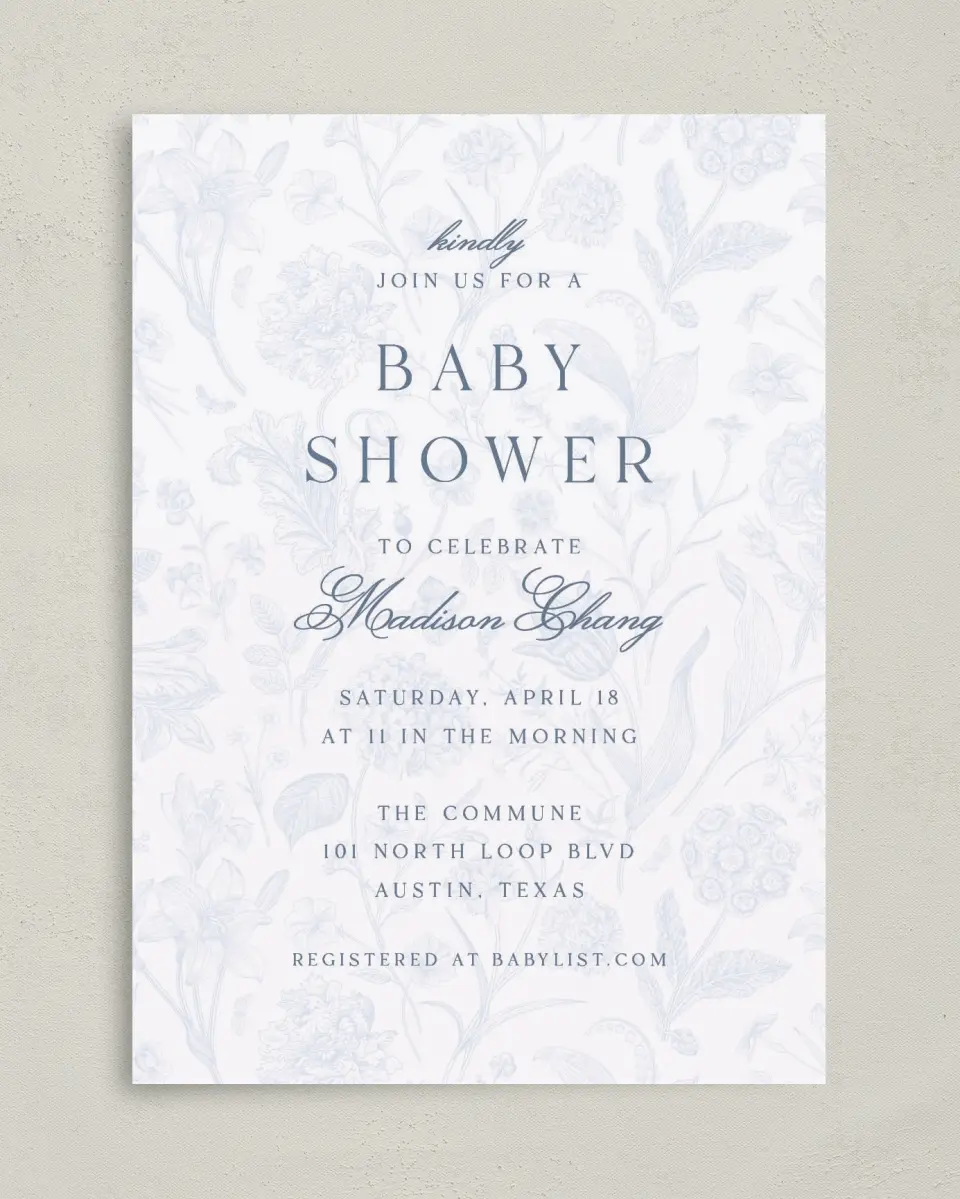 This is a 5" x 7" Baby Shower Invitation called Blissful Blooms printed in full color with Silver foil on Luxe Satin (coated) paper