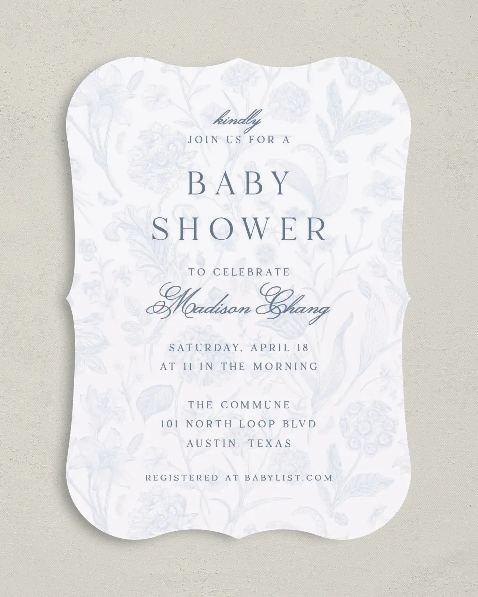 This is a 5" x 7" Baby Shower Invitation called Blissful Blooms printed in full color on Premium Smooth paper