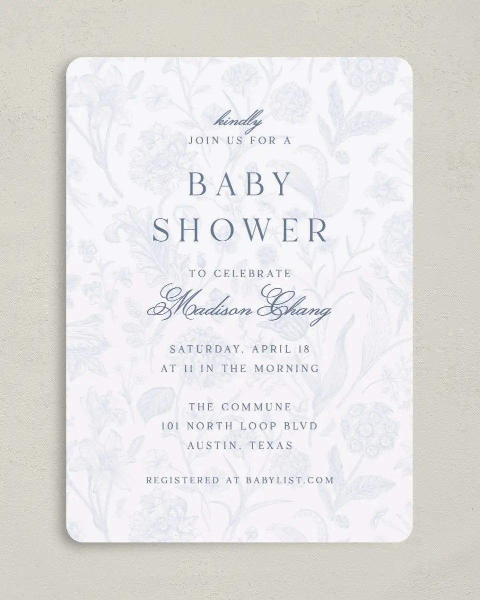 This is a 5" x 7" Baby Shower Invitation called Blissful Blooms printed in full color on Premium Smooth paper