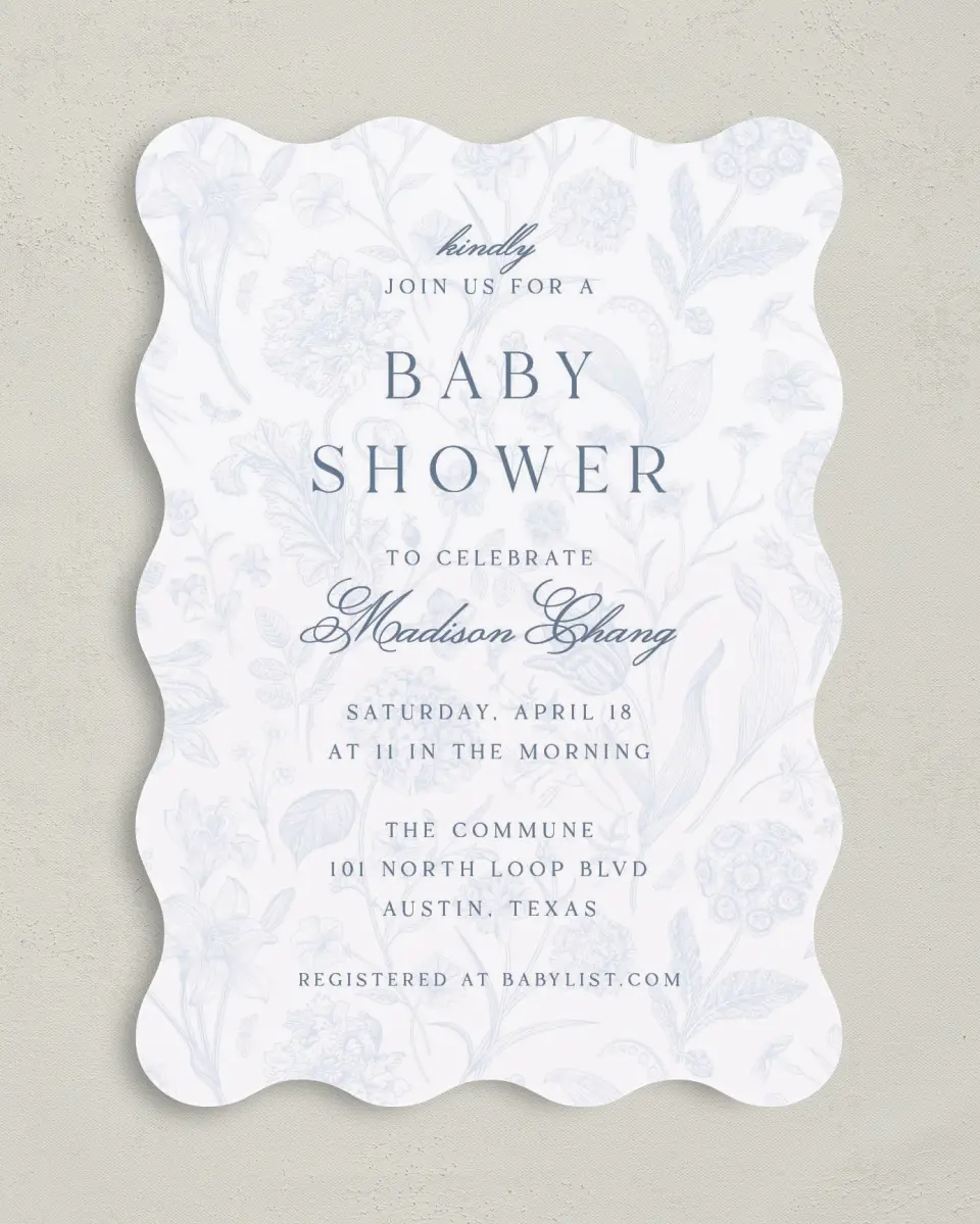 This is a 5" x 7" Baby Shower Invitation called Blissful Blooms printed in full color on Premium Smooth paper