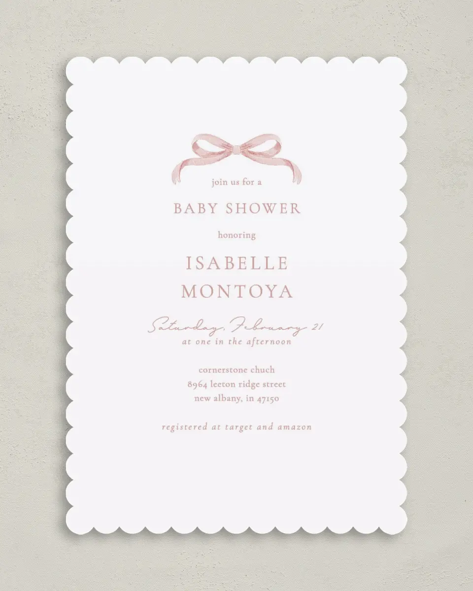 This is a 5" x 7" Baby Shower Invitation called Bitty Bow printed in full color on Premium Smooth paper