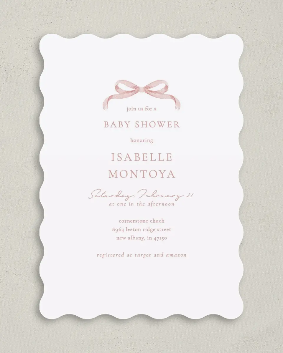 This is a 5" x 7" Baby Shower Invitation called Bitty Bow printed in full color on Premium Smooth paper