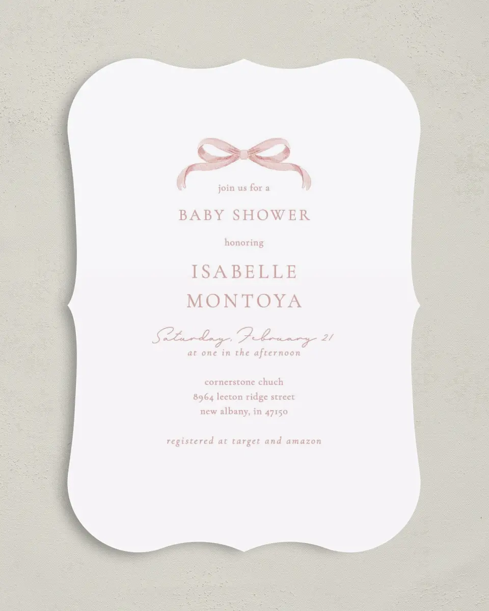 This is a 5" x 7" Baby Shower Invitation called Bitty Bow printed in full color on Premium Smooth paper