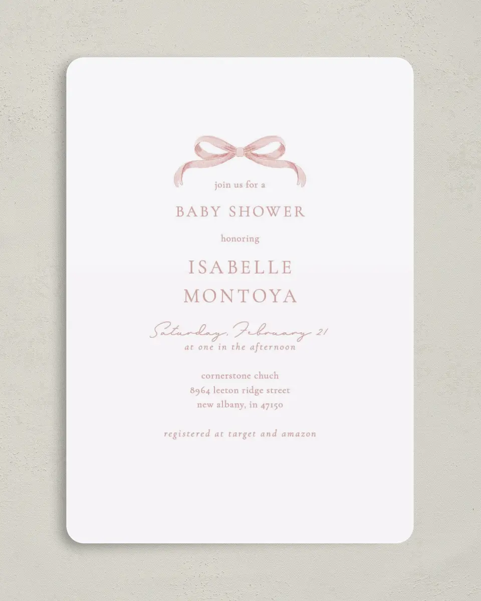 This is a 5" x 7" Baby Shower Invitation called Bitty Bow printed in full color on Premium Smooth paper
