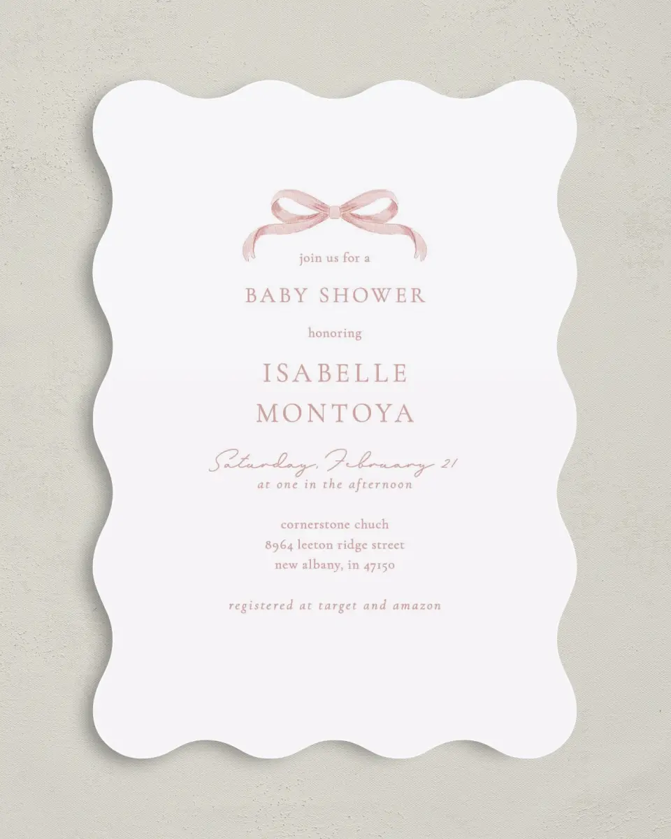 This is a 5" x 7" Baby Shower Invitation called Bitty Bow printed in full color on Premium Smooth paper
