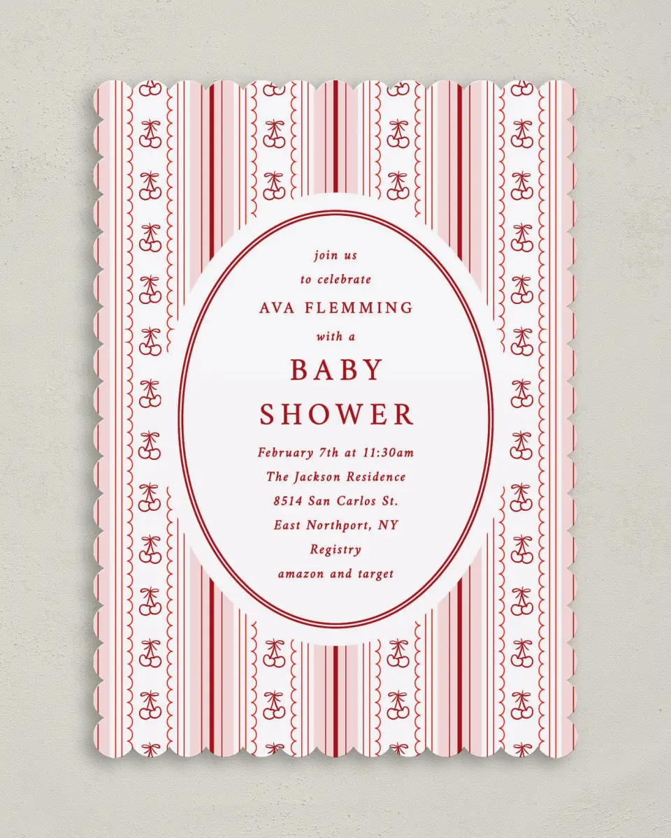 This is a 5" x 7" Baby Shower Invitation called Coquette Cherries printed in full color on Premium Smooth paper