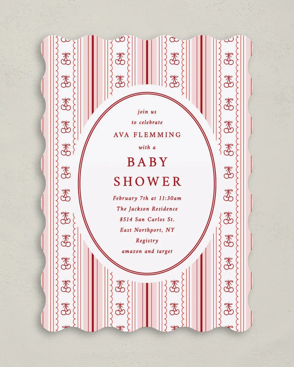 This is a 5" x 7" Baby Shower Invitation called Coquette Cherries printed in full color on Premium Smooth paper