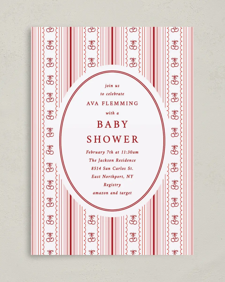 This is a 5" x 7" Baby Shower Invitation called Coquette Cherries printed in full color with Gold foil on Luxe Satin (coated) paper