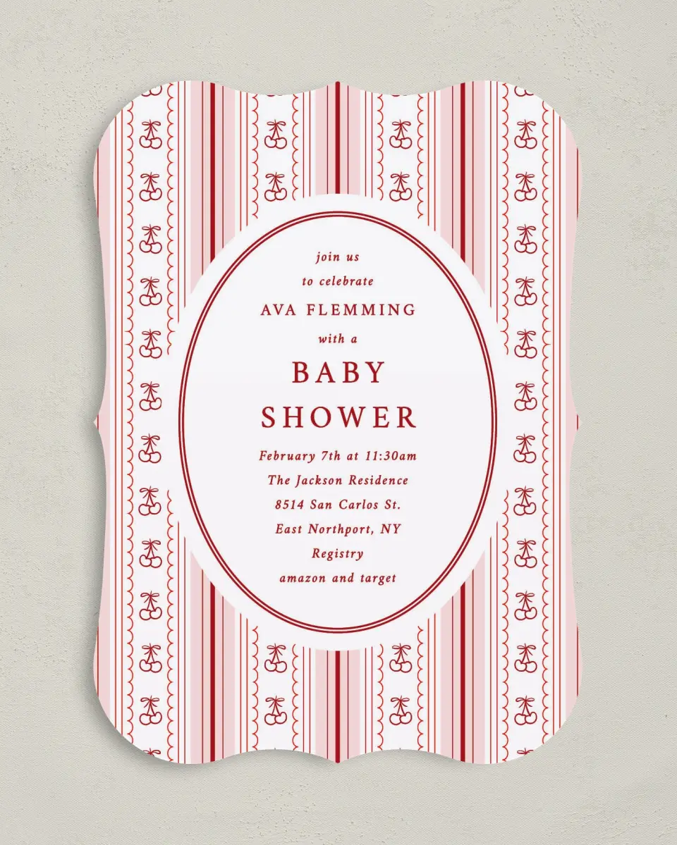 This is a 5" x 7" Baby Shower Invitation called Coquette Cherries printed in full color on Premium Smooth paper