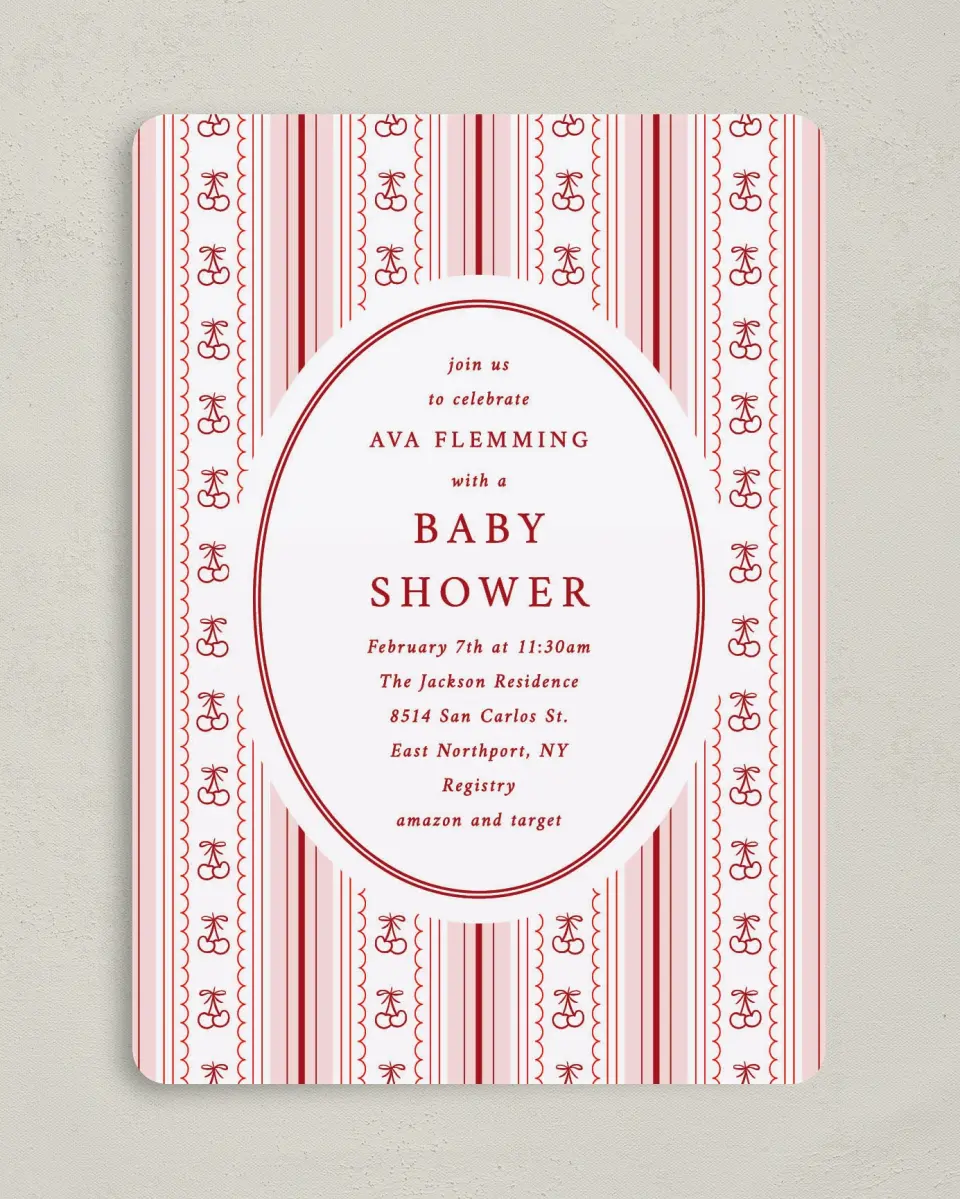 This is a 5" x 7" Baby Shower Invitation called Coquette Cherries printed in full color on Premium Smooth paper