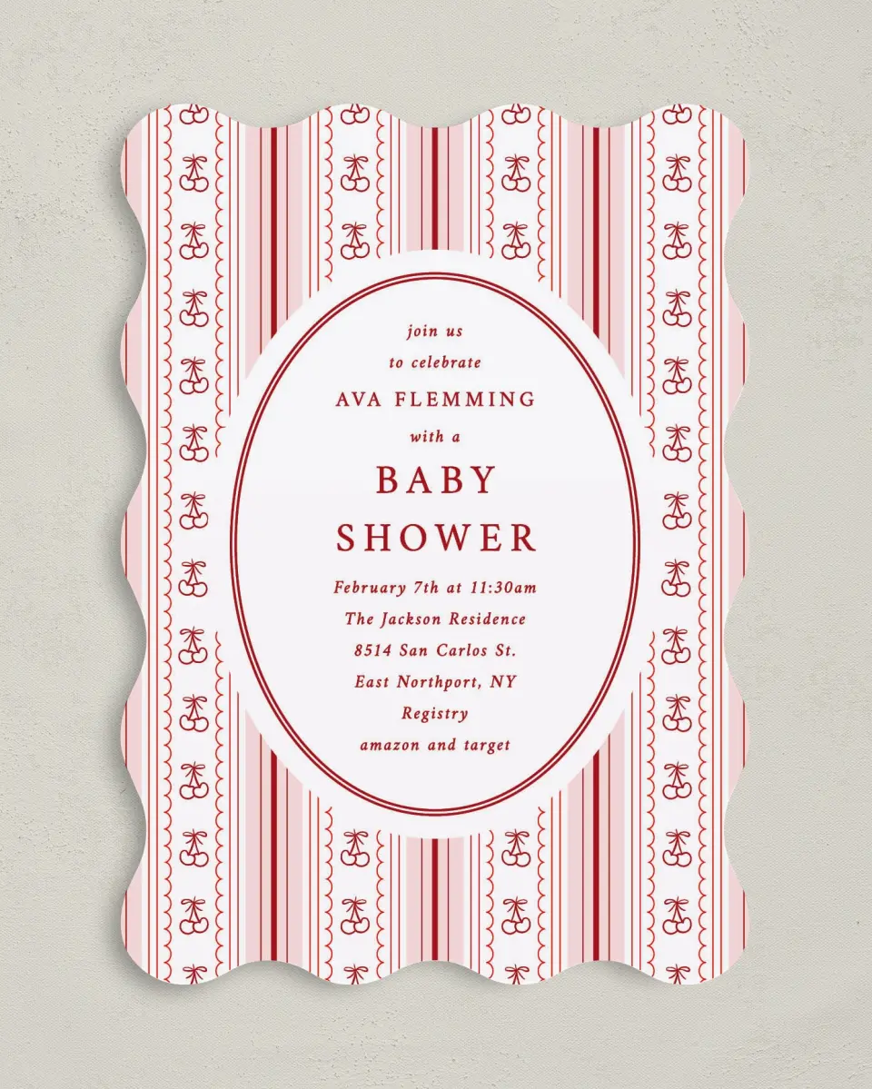 This is a 5" x 7" Baby Shower Invitation called Coquette Cherries printed in full color on Premium Smooth paper
