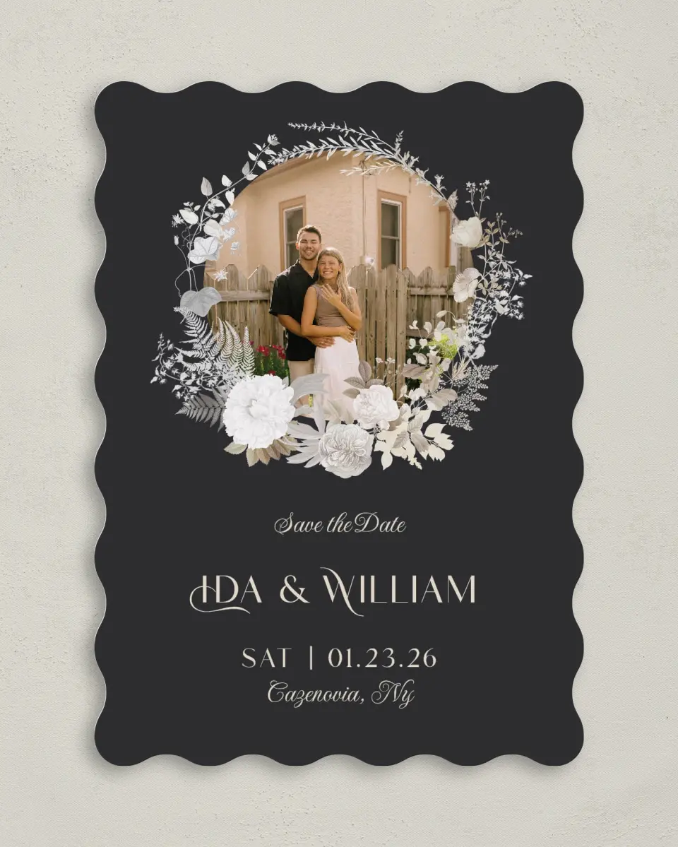 This is a 5" x 7" Save the Date Card called Winter Wildflowers printed in full color on Premium Smooth paper
