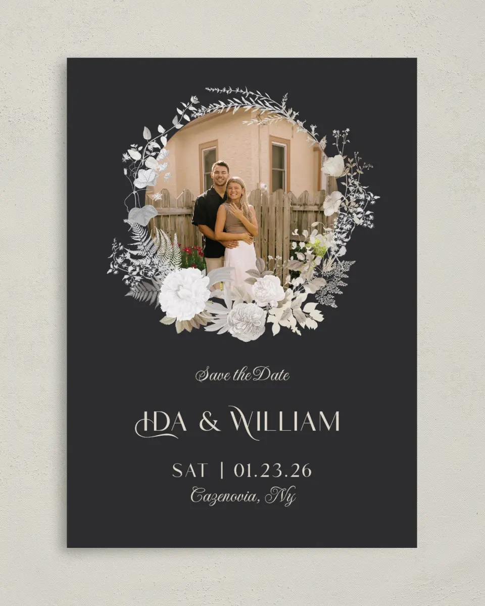 This is a 5" x 7" Save the Date Card called Winter Wildflowers printed in full color on Premium Smooth paper