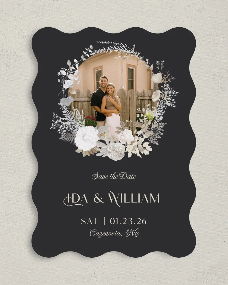 This is a 5" x 7" Save the Date Card called Winter Wildflowers printed in full color on Premium Smooth paper