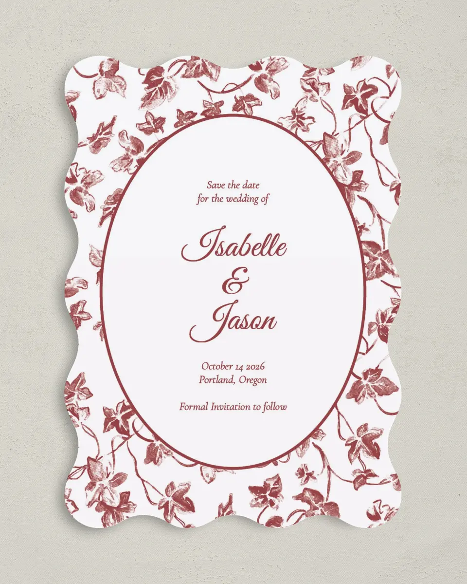This is a 5" x 7" Save the Date Card called Elegant Autumn printed in full color with Rose Gold foil on Luxe Satin (coated) paper