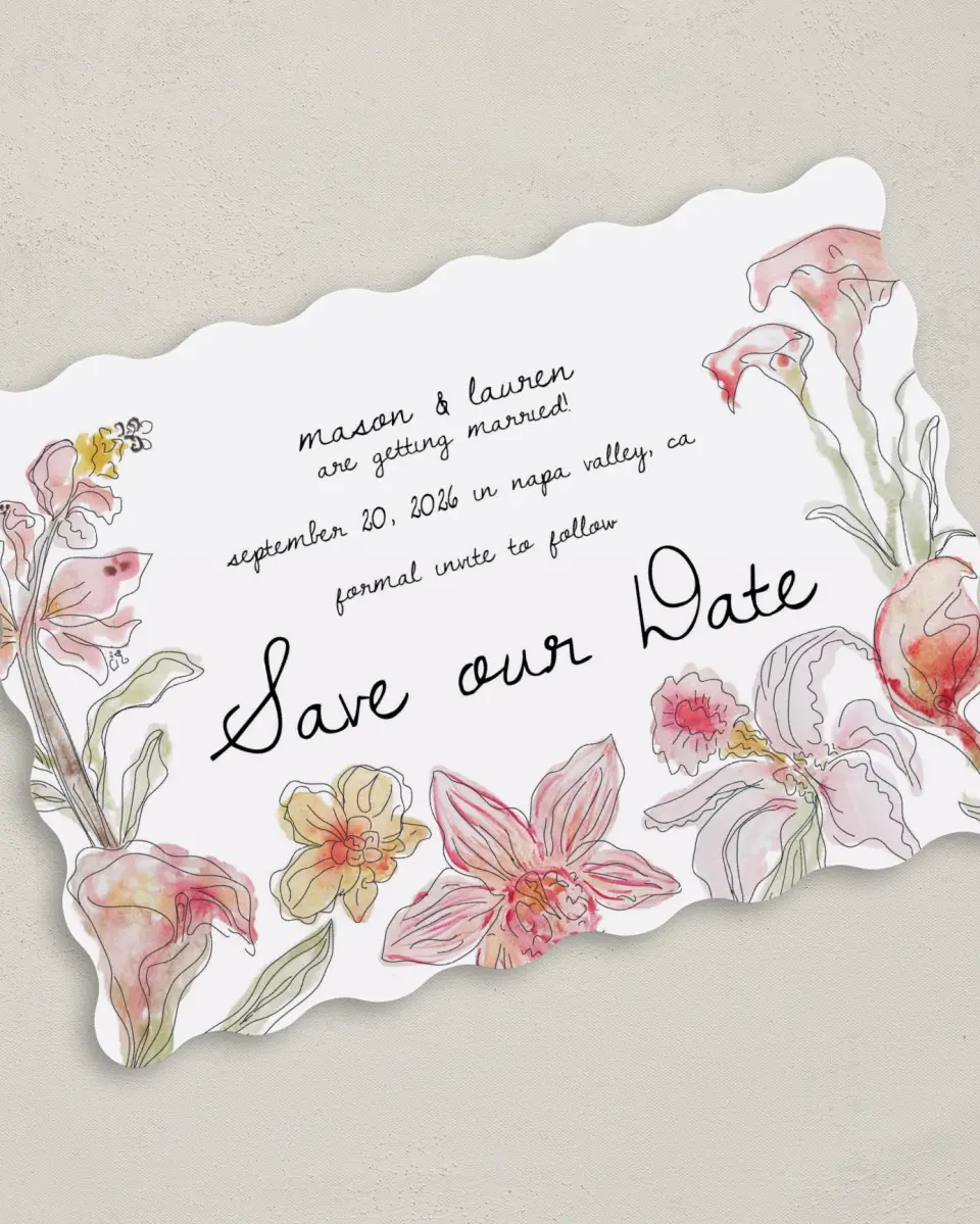This is a 5" x 7" Save the Date Card called Forever Bud printed in full color on Premium Smooth paper