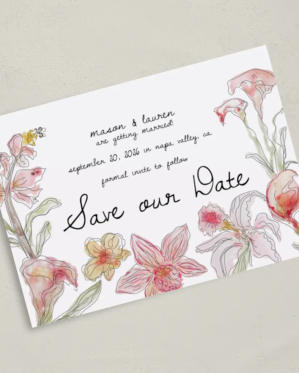 This is a 5" x 7" Save the Date Card called Forever Bud printed in full color on Premium Smooth paper
