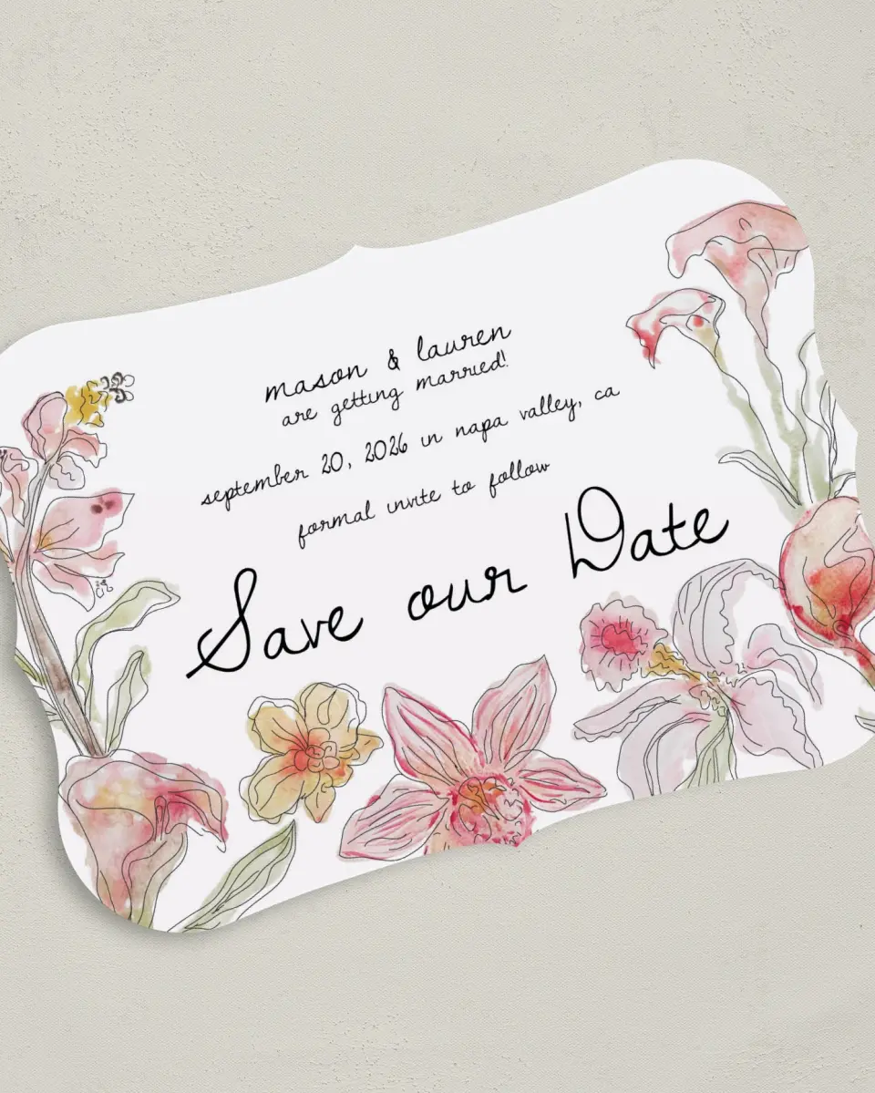 This is a 5" x 7" Save the Date Card called Forever Bud printed in full color on Premium Smooth paper