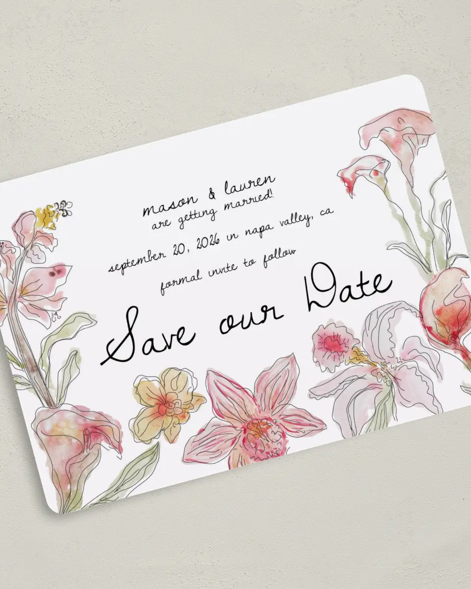 This is a 5" x 7" Save the Date Card called Forever Bud printed in full color on Premium Smooth paper