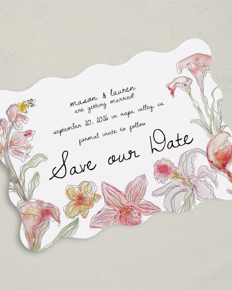 This is a 5" x 7" Save the Date Card called Forever Bud printed in full color with Silver foil on Luxe Satin (coated) paper