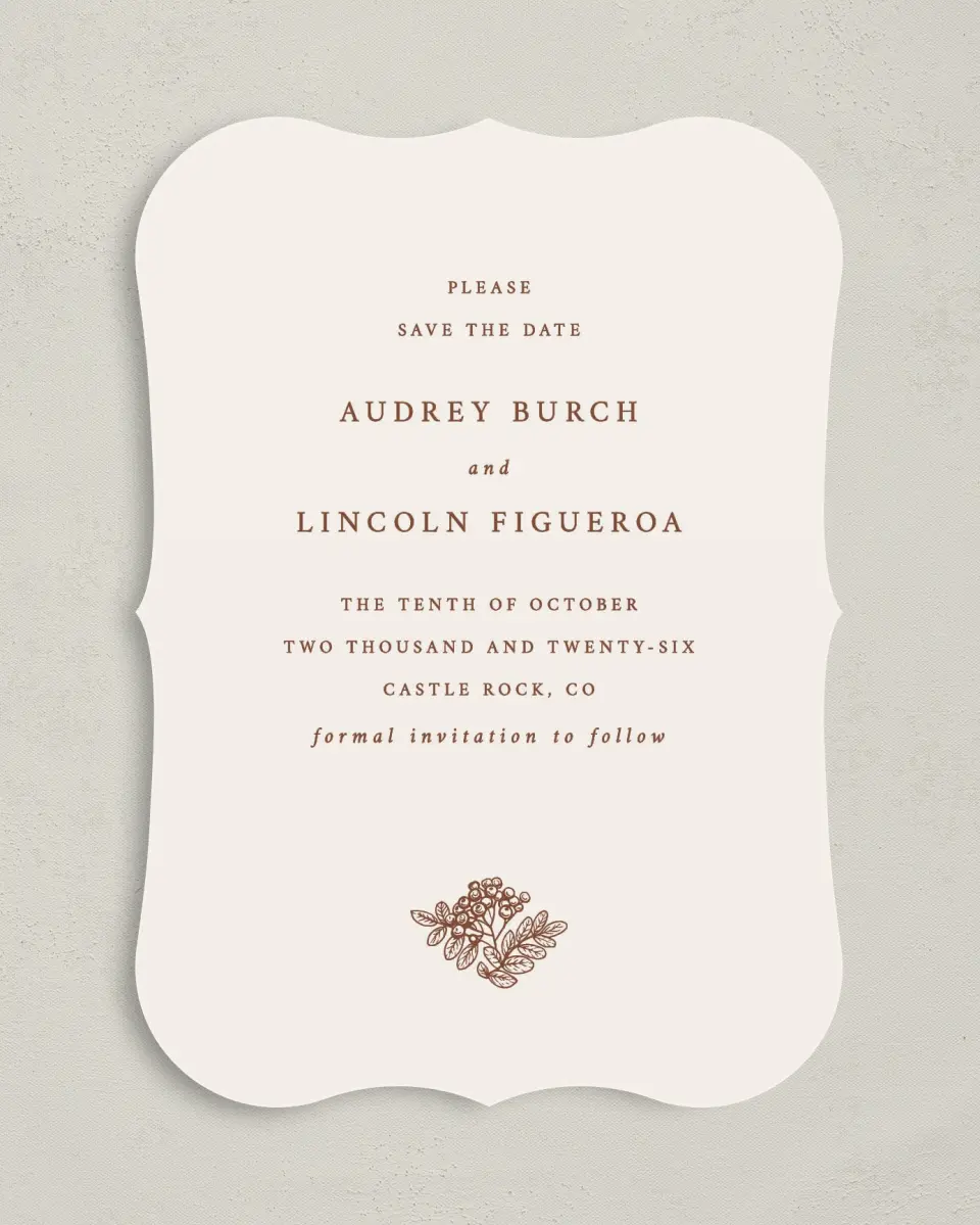 This is a 5" x 7" Save the Date Card called Autumn Vow printed in full color on Premium Smooth paper