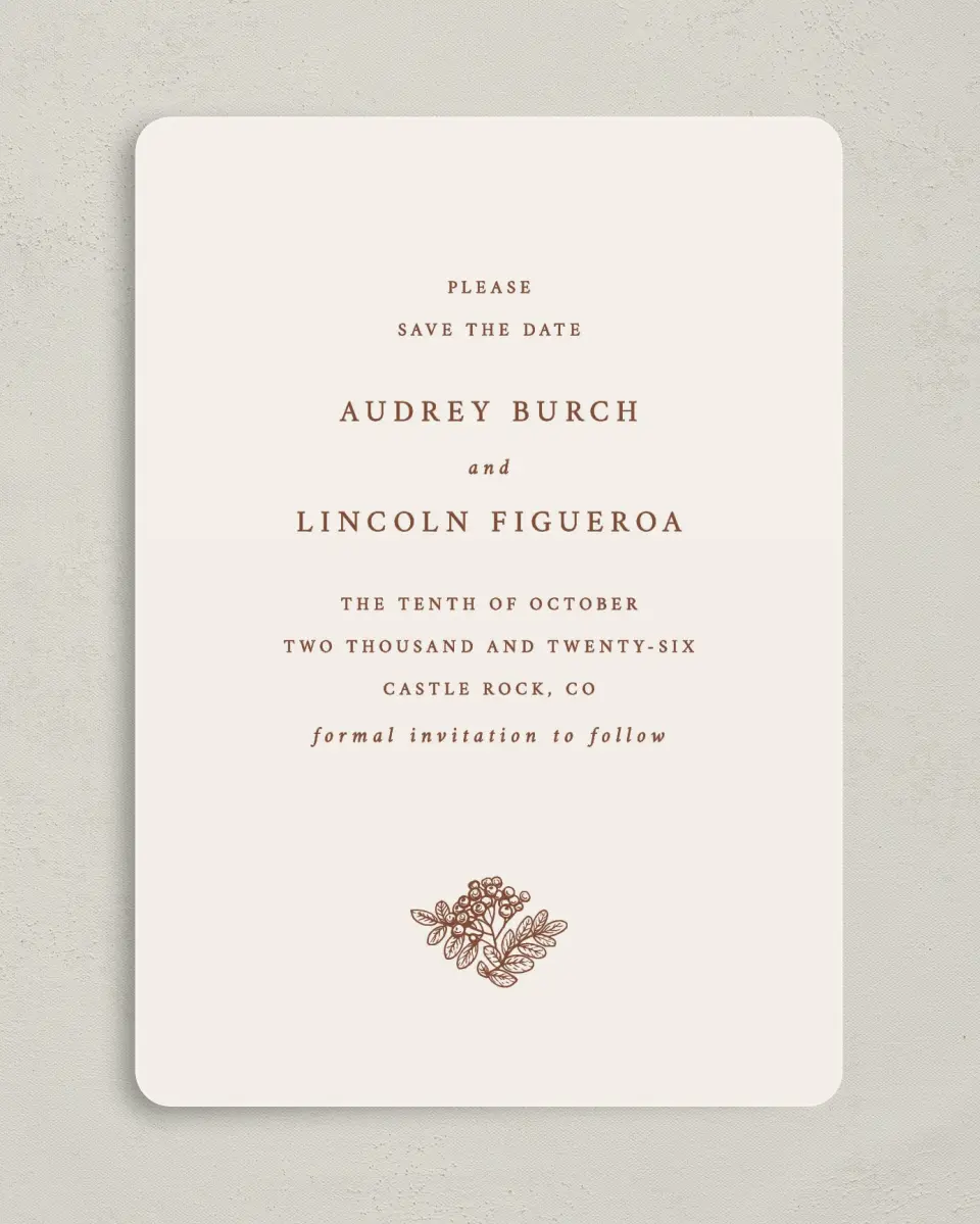 This is a 5" x 7" Save the Date Card called Autumn Vow printed in full color on Premium Smooth paper