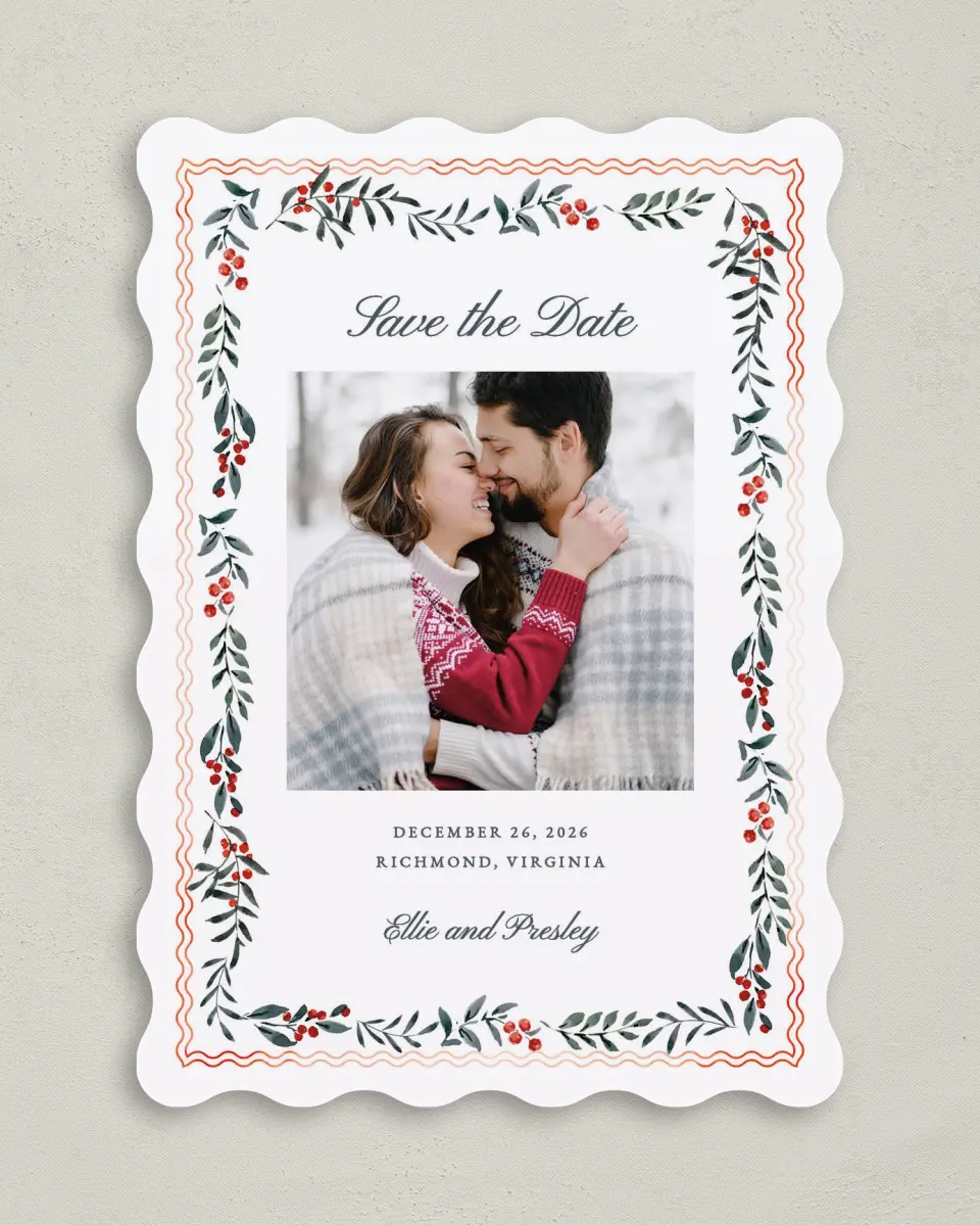 This is a 5" x 7" Save the Date Card called Heirloom Holly printed in full color on Premium Smooth paper