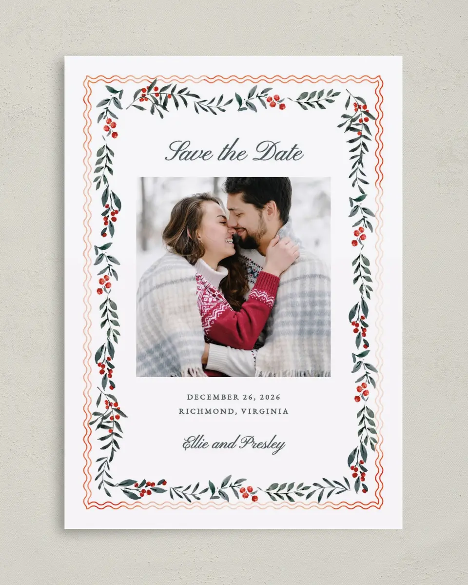 This is a 5" x 7" Save the Date Card called Heirloom Holly printed in full color on Premium Smooth paper