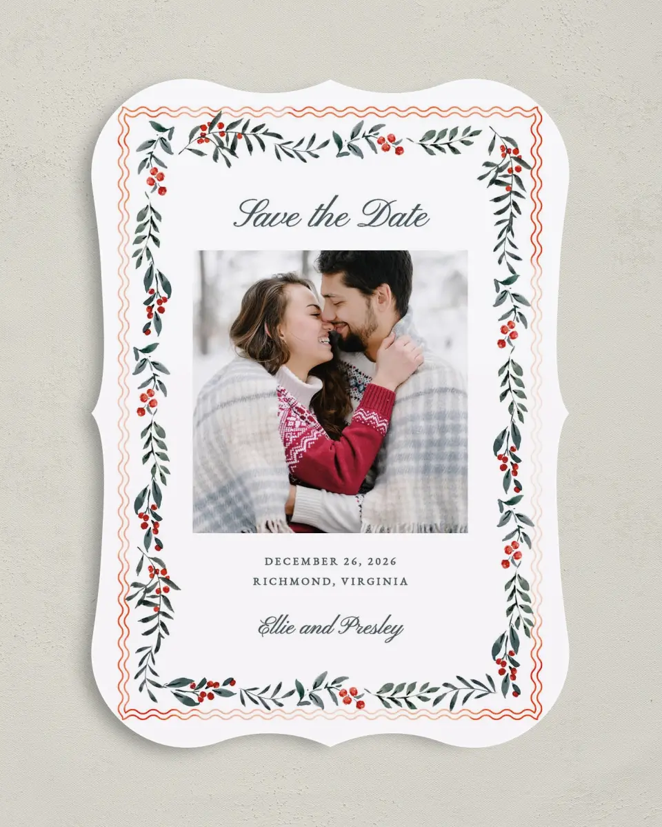This is a 5" x 7" Save the Date Card called Heirloom Holly printed in full color on Premium Smooth paper
