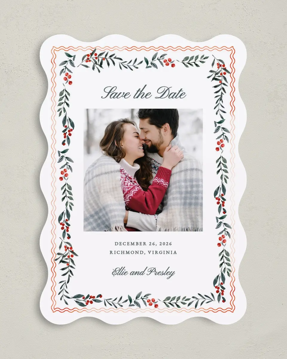 This is a 5" x 7" Save the Date Card called Heirloom Holly printed in full color on Premium Smooth paper