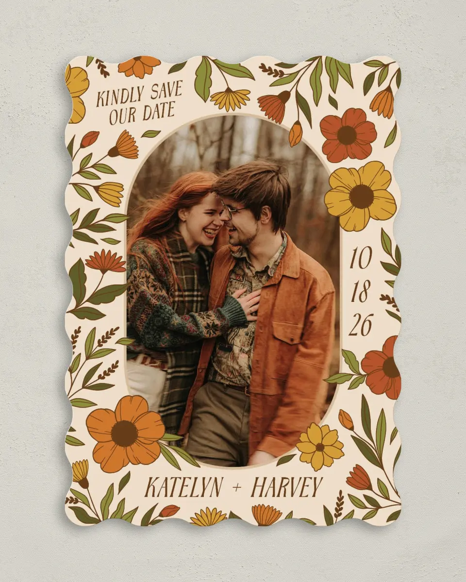 This is a 5" x 7" Save the Date Card called Wild + Bright printed in full color on Premium Smooth paper