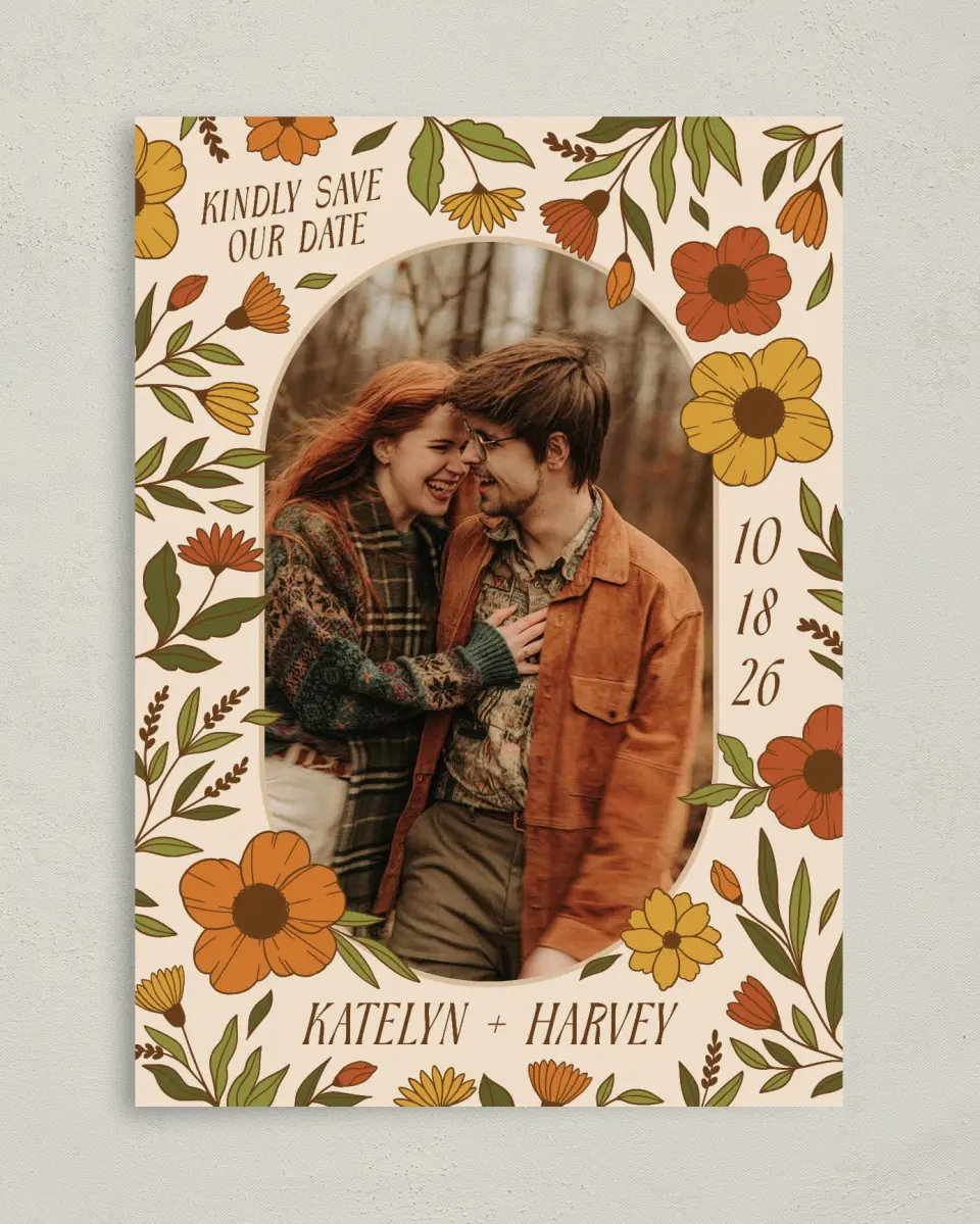 This is a 5" x 7" Save the Date Card called Wild + Bright printed in full color on Premium Smooth paper