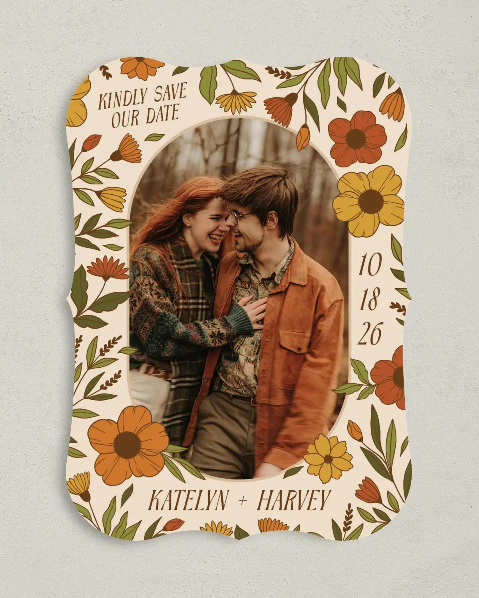This is a 5" x 7" Save the Date Card called Wild + Bright printed in full color on Premium Smooth paper