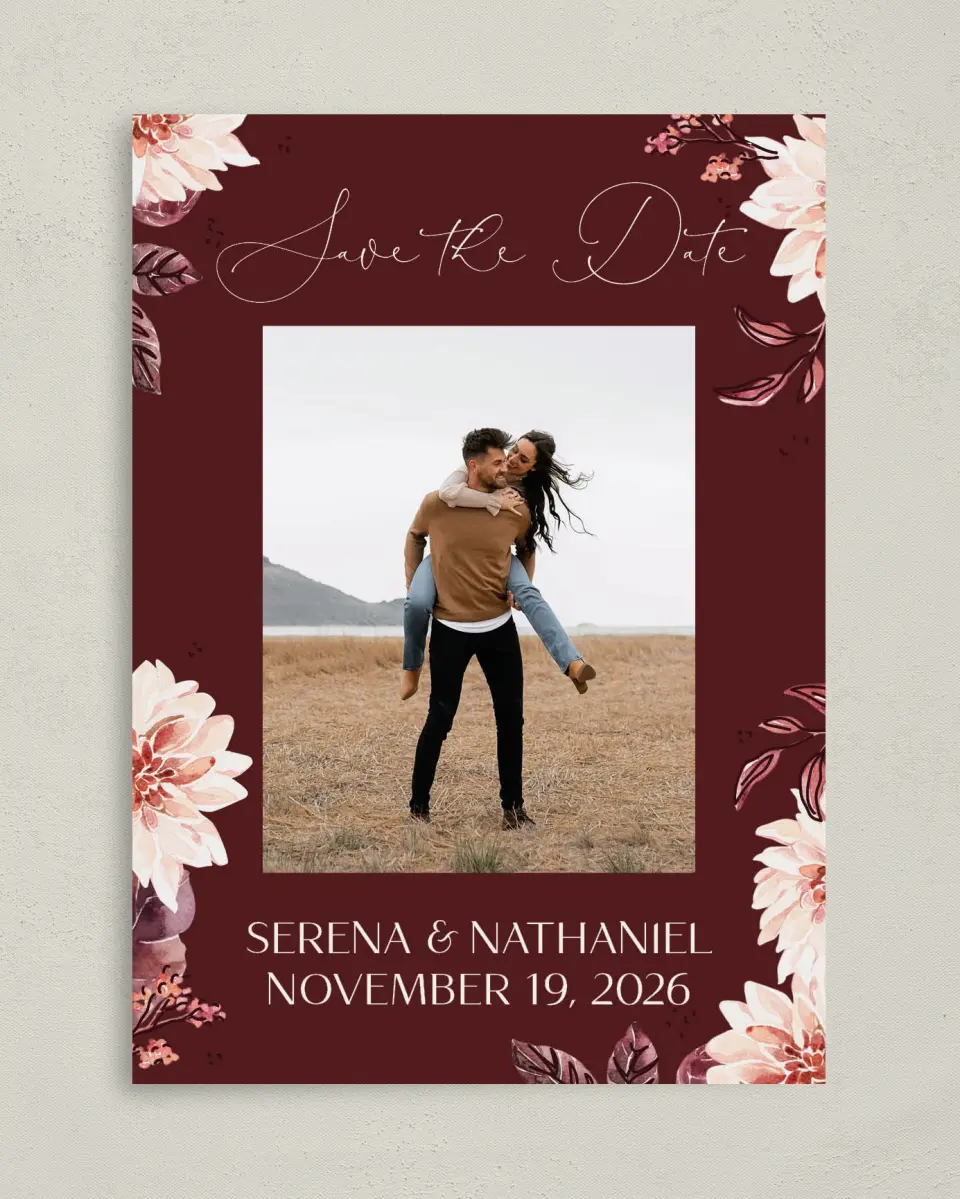 This is a 5" x 7" Save the Date Card called Fall Florals printed in full color on Premium Smooth paper