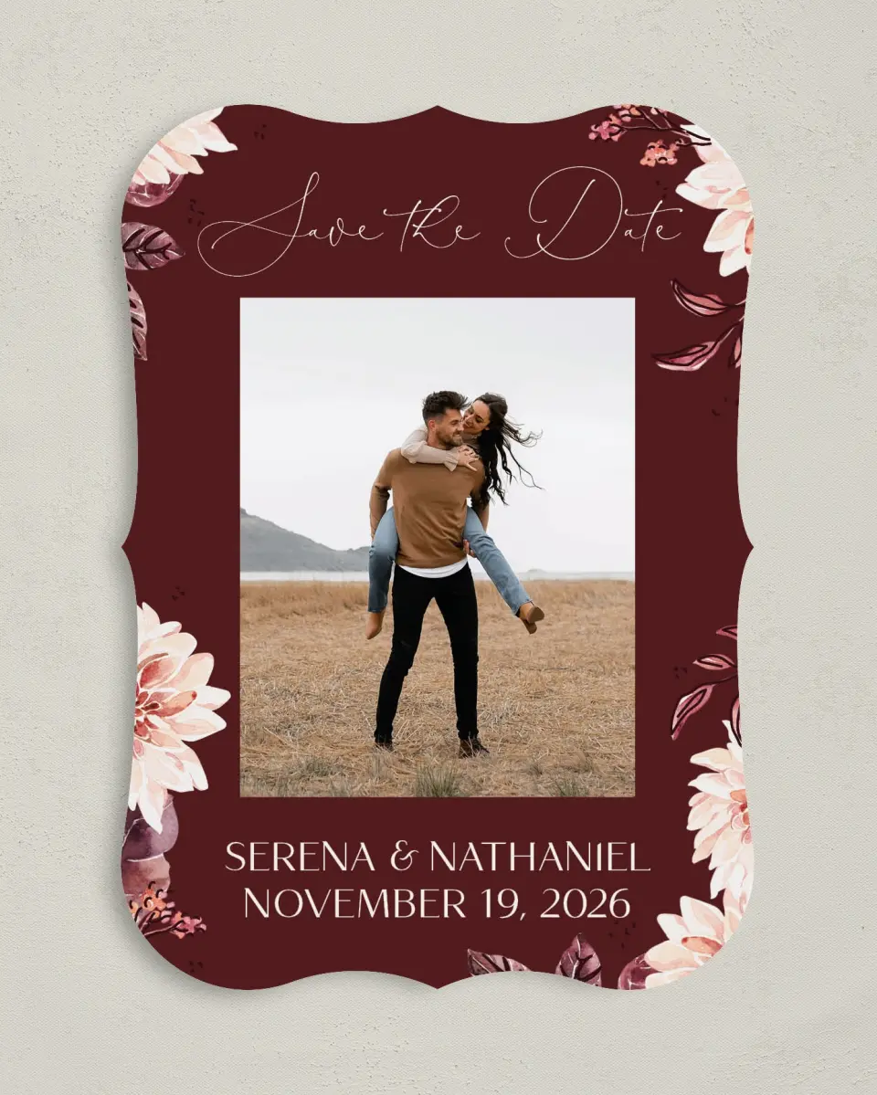 This is a 5" x 7" Save the Date Card called Fall Florals printed in full color on Premium Smooth paper