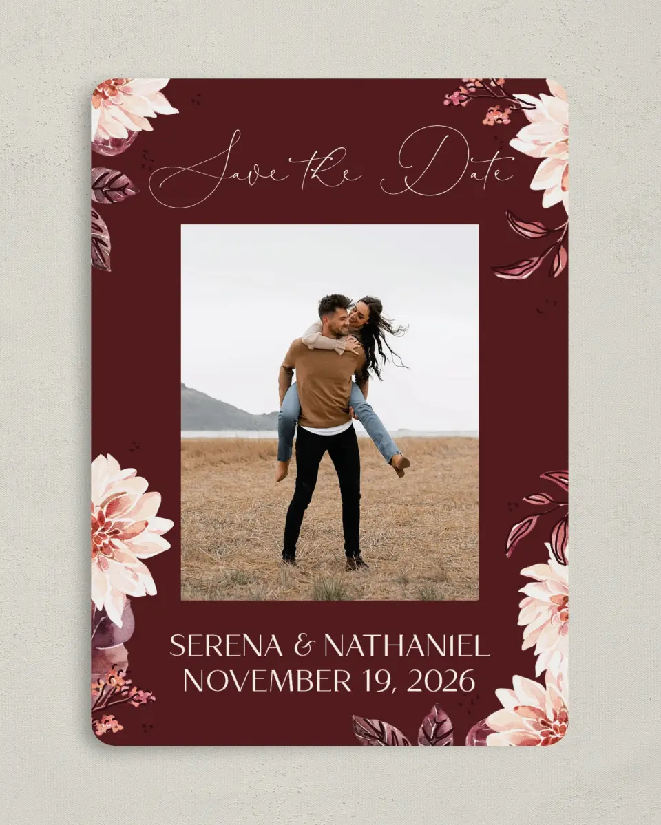 This is a 5" x 7" Save the Date Card called Fall Florals printed in full color on Premium Smooth paper
