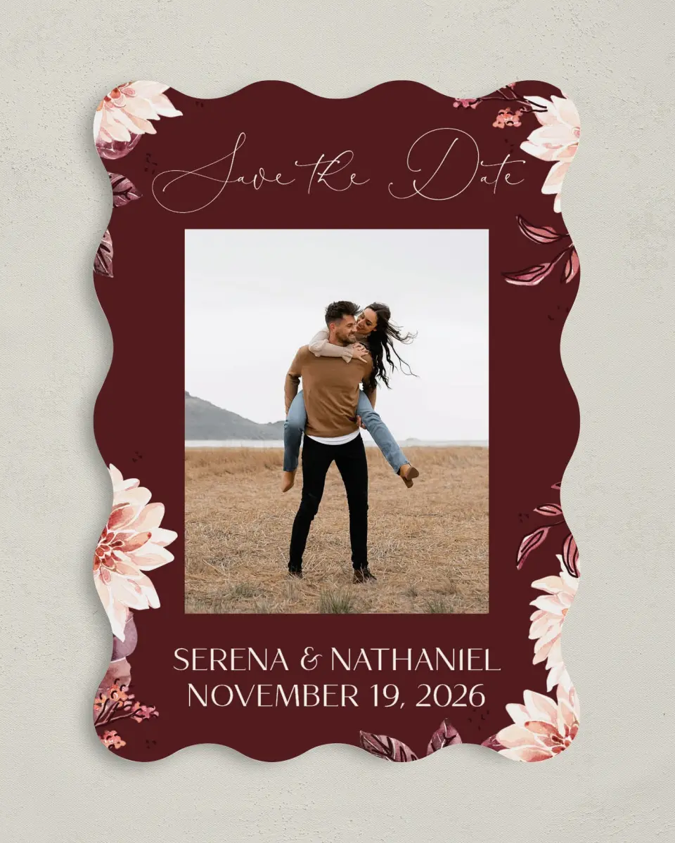 This is a 5" x 7" Save the Date Card called Fall Florals printed in full color on Premium Smooth paper