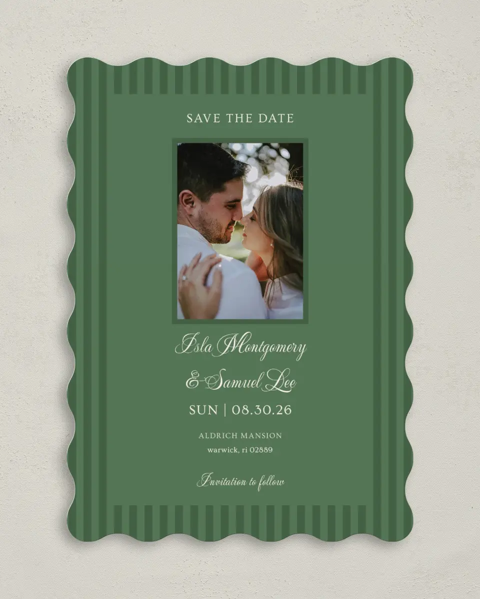 This is a 5" x 7" Save the Date Card called Warwick printed in full color on Premium Smooth paper