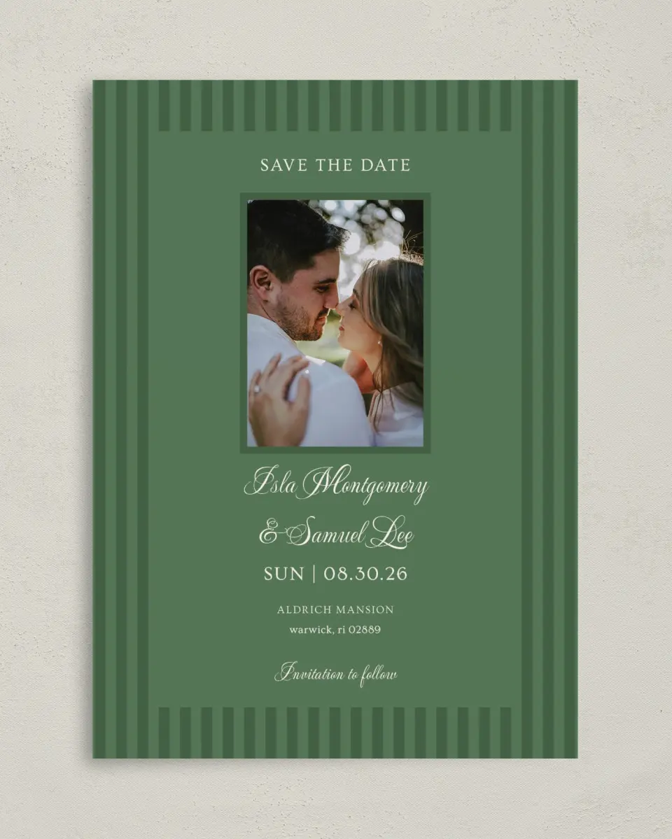 This is a 5" x 7" Save the Date Card called Warwick printed in full color on Premium Smooth paper