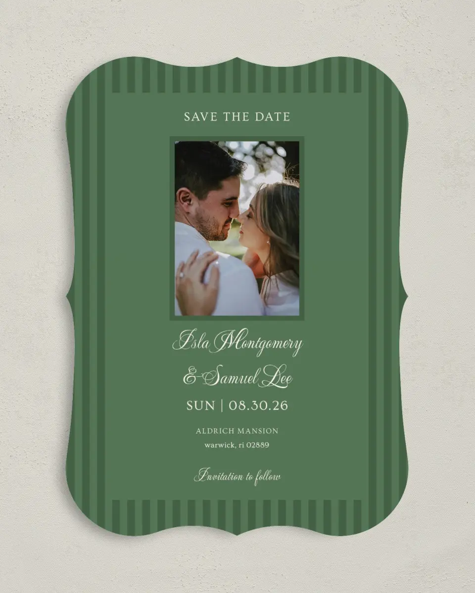 This is a 5" x 7" Save the Date Card called Warwick printed in full color on Premium Smooth paper